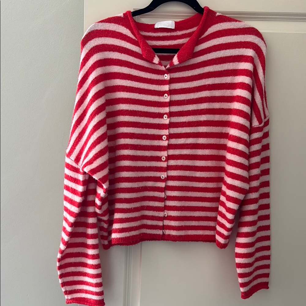 Isalis - Women’s Red and Cream Striped Button-Front Cardigan Sweater